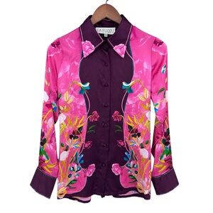 LA FUORI Silk Blouse Top Bright Colors Button Floral Pink